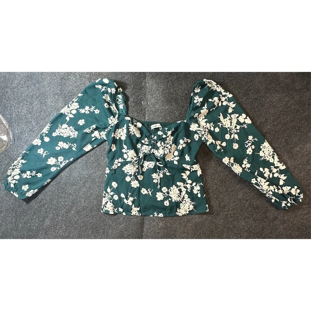 Abercrombie & Fitch Blouse Womens Size S Green Floral Sweetheart Tie